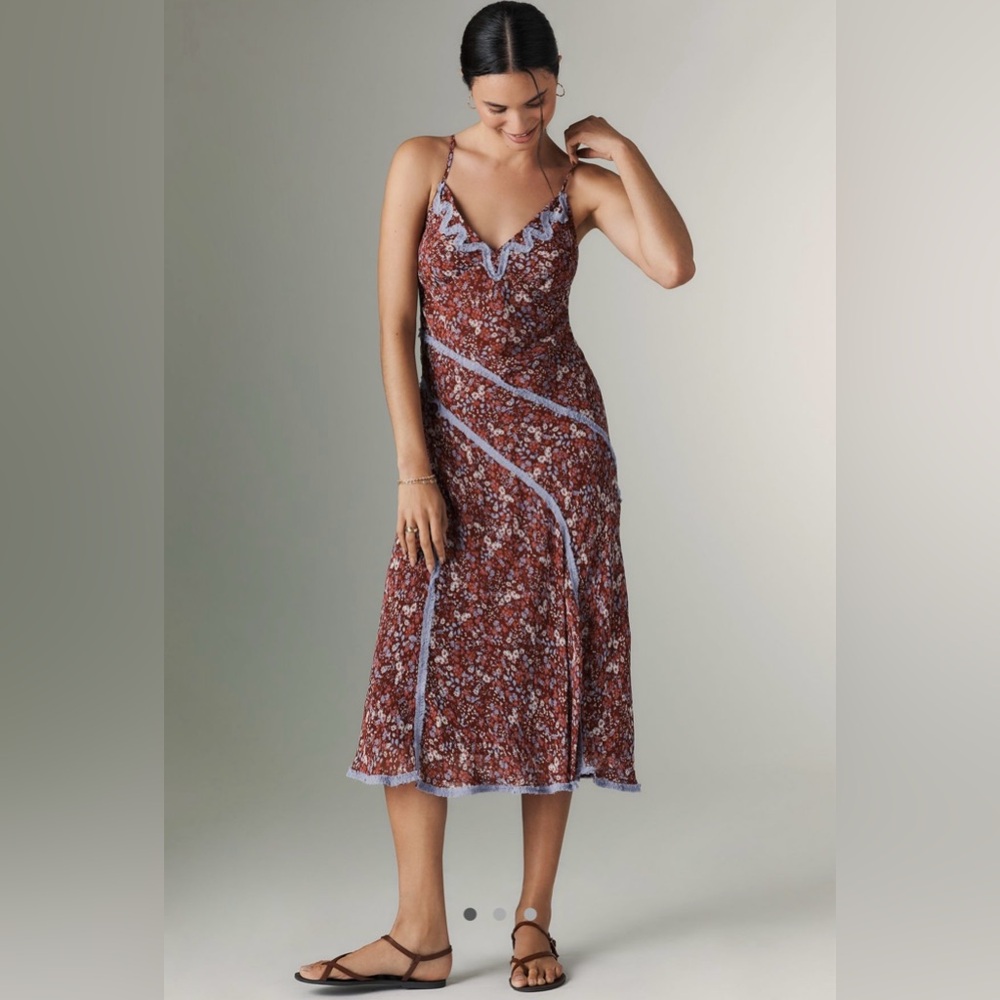 BY ANTHROPOLOGIE SLEEVELESS APPLIQUÉ SLIP MIDI DRESS